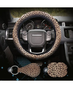 4 Pieces Leopard cheetah Print Steering Wheel cover Set with car cup Holder Quarter Keyring, Universal Fit 14-155 inches, Leopard cheetah Print car Accessories Set