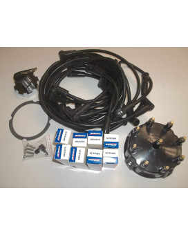 Tune up kit for Mercruiser 5.0, 5.7, 7.4, 8.2 V8 engines with Thunderbolt Ignition. Includes spark plug wires, distributor cap/rotor, and 8 MR43LTS spark plugs for 1997 and newer engines.