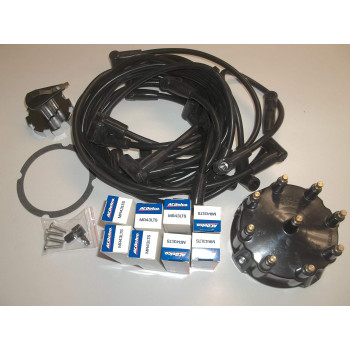 Tune up kit for Mercruiser 5.0, 5.7, 7.4, 8.2 V8 engines with Thunderbolt Ignition. Includes spark plug wires, distributor cap/rotor, and 8 MR43LTS spark plugs for 1997 and newer engines.