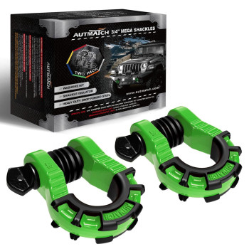 AUTMATCH D Ring Shackles 3/4 Shackle (2 Pack) 68,000Ibs Break Strength with 7/8 Screw Pin and Shackle Isolator & Washers Kit for Tow Strap Winch Off Road Vehicle Recovery Green & Black