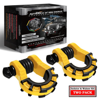 AUTMATCH D Ring Shackles 3/4 Shackle (2 Pack) 68,000Ibs Break Strength with 7/8 Screw Pin and Shackle Isolator & Washers Kit for Tow Strap Winch Off Road Vehicle Recovery Yellow & Black