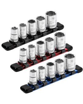 ARES 60066-3-Piece 3/8-Inch Drive 6-Inch Aluminum Socket Rail Set - Includes Red, Blue, and Black Rails - Each Aluminum Rail Stores up to 5 Sockets