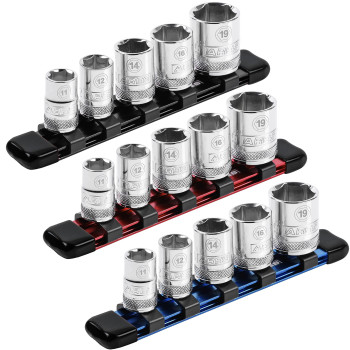 ARES 60066-3-Piece 3/8-Inch Drive 6-Inch Aluminum Socket Rail Set - Includes Red, Blue, and Black Rails - Each Aluminum Rail Stores up to 5 Sockets