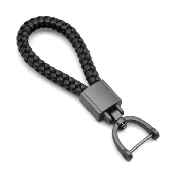 Universal Black Leather Car Fob Keychain Metal Keyring Woven Strap Braided Rope Key Chain for Men and Women - Matte Black Color, with 360 Degree Rotatable D-ring and Screwdriver