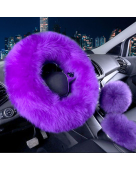 Vacallity 3 Pcs Fluffy Steering Wheel covers, Universal Soft comfortable Non-Slip Pure Wool car Wheel covers with Handbrake cover gear Shift cover for Womangirl, 15(Purple