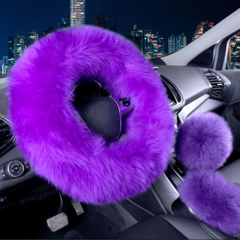 Vacallity 3 Pcs Fluffy Steering Wheel covers, Universal Soft comfortable Non-Slip Pure Wool car Wheel covers with Handbrake cover gear Shift cover for Womangirl, 15(Purple