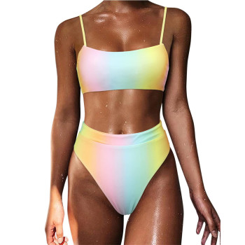 MOSHENgQI Women Bandeau High Waisted Bikini Push Up High cut Swimsuits (L, Rainbow)