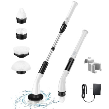 Labigo Electric Spin Scrubber, With 4 Replaceable Brush Heads And Adjustable Extension Handle, Power Cordless Spin Scrubber For Bathroom Stone Tile Floor,Grout,Grooves(Black)