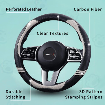 Cute Steering Wheel Cover for Women, Carbon Fiber&Perforated Leather with Anti-Slip Rubber Ring, Steering Wheel Protector for Men, Universal Fit 14.5-15 inches for Cars,SUV (Pearl White)