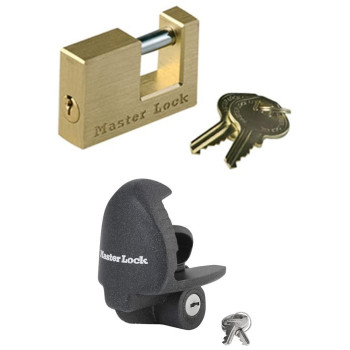 Master Lock 605DAT Shackle 15/16 Length x 7/16 Inner Width, 2 Body Width, Solid Brass Coupler Lock & Master Lock 379ATPY Universal Trailer Hitch Lock, Black
