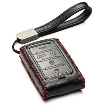 Vitodeco Genuine Leather Smart Key Fob Case Compatible with Jeep Wagoneer, Jeep Grand Wagoneer, Jeep Grand Cherokee 2023 (5-Button, Black/Red)