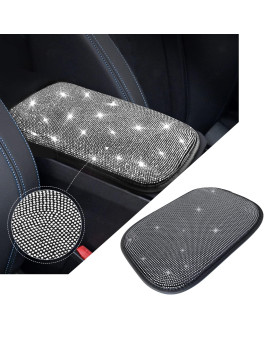 Miytsya B-ling Car Armrest Cover Cute Charming Auto Center Console Protective Cover Luster Crystal Rhinestone Car Arm Rest Cushion Pad Car Interior Accessories for Women Girl 12.2 x 8.7 Inch (Silver)