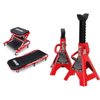 DNA MOTORING TOOLS-00184 36 Inches 2 IN 1 Rolling Folding Car Creeper/Seat, Red & BIG RED T43202 Torin Steel Jack Stands: 3 Ton (6,000 lb) Capacity, Red, 2 count (pack of 1)