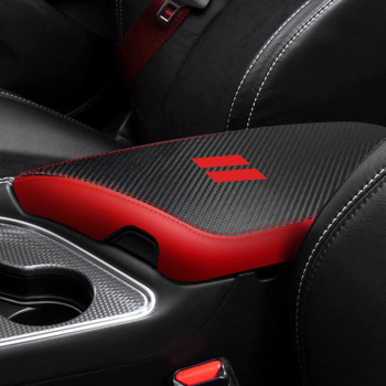 YOFAMO for Dodge Challenger 2015-2023 Car Armrest Cover Waterproof Center Console Pad Covers Scratch Resistance Box Cover Leather Protector Pad Decoration Accessories(Carbon Fiber + Red)