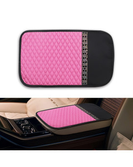 Ajxn 1 PC Car PU Leather Center Console Cover, Bling Center Armrest Protection Pad, with Glossy Crystal Rhinestone Handrail Box, for Most Vehicle, SUV, Truck (Pink)