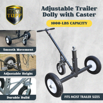 Tow Tuff Adjustable Heavy Duty Durable Steel Trailer Dolly With 10 Inch Swivel Caster 1000 Pound Weight Capacity And 16 Inch F