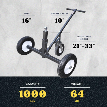 Tow Tuff Adjustable Heavy Duty Durable Steel Trailer Dolly With 10 Inch Swivel Caster 1000 Pound Weight Capacity And 16 Inch F