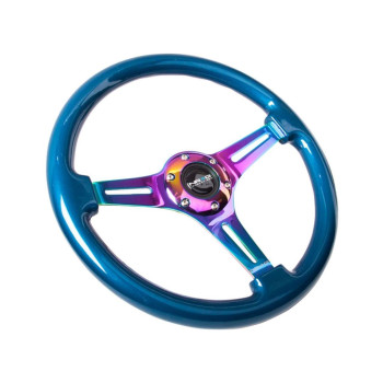 Nrg Innovations Blue Wood Wheel 350Mm 3 Spoke Center In Neo Chrome Steering Wheel