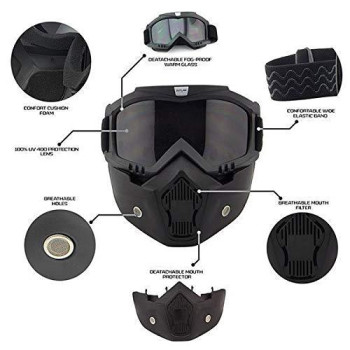 Outlaw Nemesis Motorcycle Face Mask With Detachable Goggles Black Riding Mask With Uv 400 Lens For Men And Women