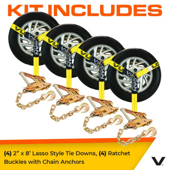 Vulcan Car Tie Down With Chain Anchors Lasso Style 2 Inch X 96 Inch 4 Pack Classic Yellow 3 300 Pound Safe Working Loa