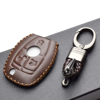 Vitodeco Leather Keyless Entry Remote Control Smart Key Case Cover With A Key Chain Compatible For Mercedes Benz Brown