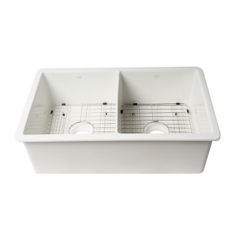 ALFI brand ABF3219DUD-W White 32 x 19 Double Bowl Fireclay Undermount / Drop In Fireclay Kitchen Sink