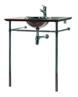 New Generation Exotic Bubinga Wood Counter Top with Mahogany Finish Includes: Polished Stainless Steel Drop-In Basin and Double Leg Supports with Attached Towel Bar