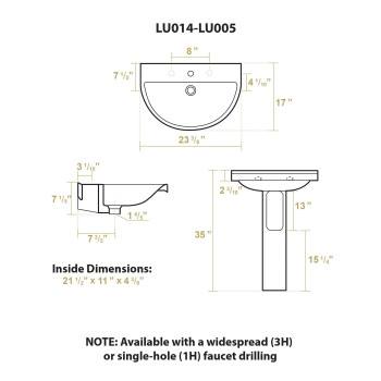 Isabella Collection U-Shaped Wall Mount Basin with Single Hole Faucet Drilling, Chrome Overflow and Rear Center Drain