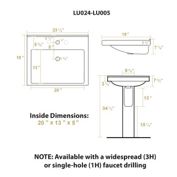 Isabella Collection Tubular Pedestal Sink with Rectagular Basin, Chrome Overflow and Widespread Faucet Drilling