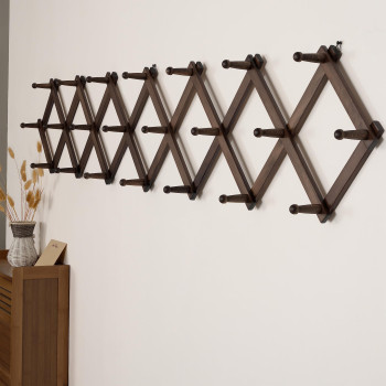 Skoloo Accordion Wall Hanger Modern Expandable Coat Rack Wall Mounted Solid Wooden Wall Hat Rack 22 Peg Walnut