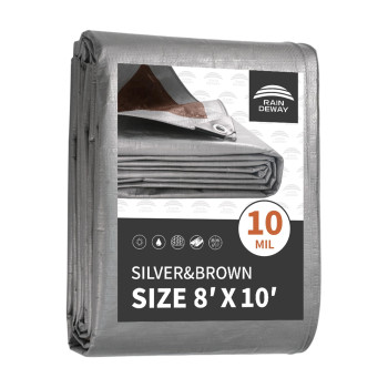 Tarps Heavy Duty Waterproof 8X10 Feet 10Mil Multipurpose Poly Tarp Cover With Metal Grommets And Reinforced Edges Silverbrown