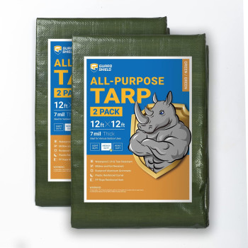 Guard Shield Green Tarp Waterproof 12X12 Feet Medium Duty All Purpose Poly Tarps Cover 7Mil 2Pack