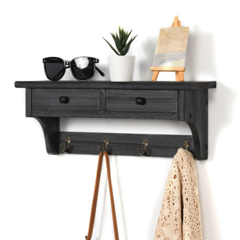 Emfogo Wood Coat Hooks Wall Mounted Rustic Style With 4 Hooks Shelf For Entryway Mudroom Bedroom Kitchen Bathroom Black