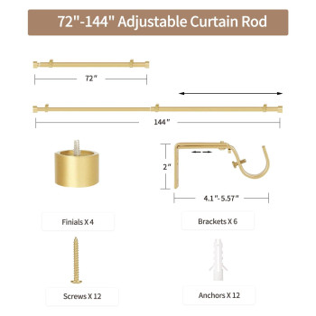 2 Pack Gold Curtain Rod For Window 72 To 144612Ft Ynl Adjustable Heavy Duty Curtain Rod With Cap Finials Modern Drapery Rod