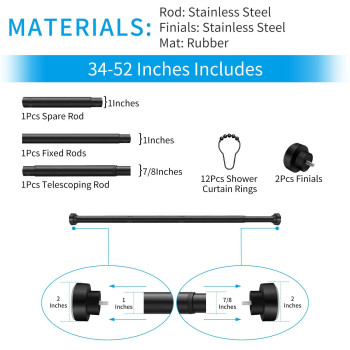 Ynl Tension Curtain Rod 3452 2843Ft Inches With 12Pcs Shower Curtain Rings Adjustable Tension Rod No Drilling Nonslip