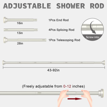 Thestoa Brushed Nickel Shower Curtain Rod Adjustable 4392 Inch 1Diameter Spring Tension Curtain Rod No Drill Antirust Non