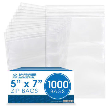 Spartan Industrial 5 X 7 1000 Count 2 Mil Clear Reclosable Zip Plastic Poly Bags With Resealable Lock Seal Zipper