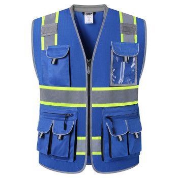 Jksafety 10 Pockets Hivis Zipper Front Fluorescent Blue Safety Vest Cushioned Collar High Reflective Tapes With Extended Ne