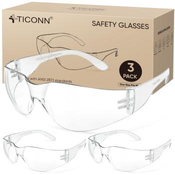 Ticonn 3 Clear Safety Glasses For Men Safety Goggles With Scratch Impact Resistant Meets Ansi Z871 Standard 3 Pack