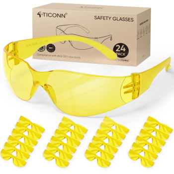 Ticonn 24 Clear Safety Glasses For Men Safety Goggles With Scratch Impact Resistant Meets Ansi Z871 Standard Yellow 24 Pack