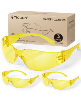 Ticonn 3 Clear Safety Glasses For Men Safety Goggles With Scratch Impact Resistant Meets Ansi Z871 Standard Yellow 3 Pack