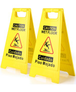 Wousedo 2Pack Caution Wet Floor Sign 175 Height Bright Yellow Doublesided Folding Ashaped Frame Design Bilingual Caution