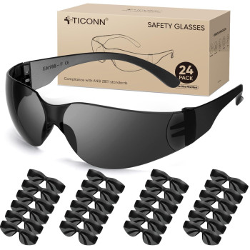 Ticonn 24 Safety Glasses For Men Safety Goggles With Scratch Impact Resistant Meets Ansi Z871 Standard Charcoal 24 Pack