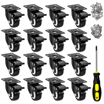 2 Caster Wheels Set Of 16 Heavy Duty Casters With Brake No Noise Locking Casters With Polyurethane Pu Wheels Swivel Plate